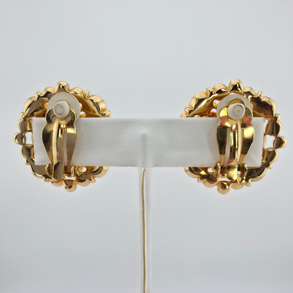 Vtg SWAROVSKI Clip-On Earrings Honey Comb Cluster Crystals Domed Gold Plate - Picture 8 of 11
